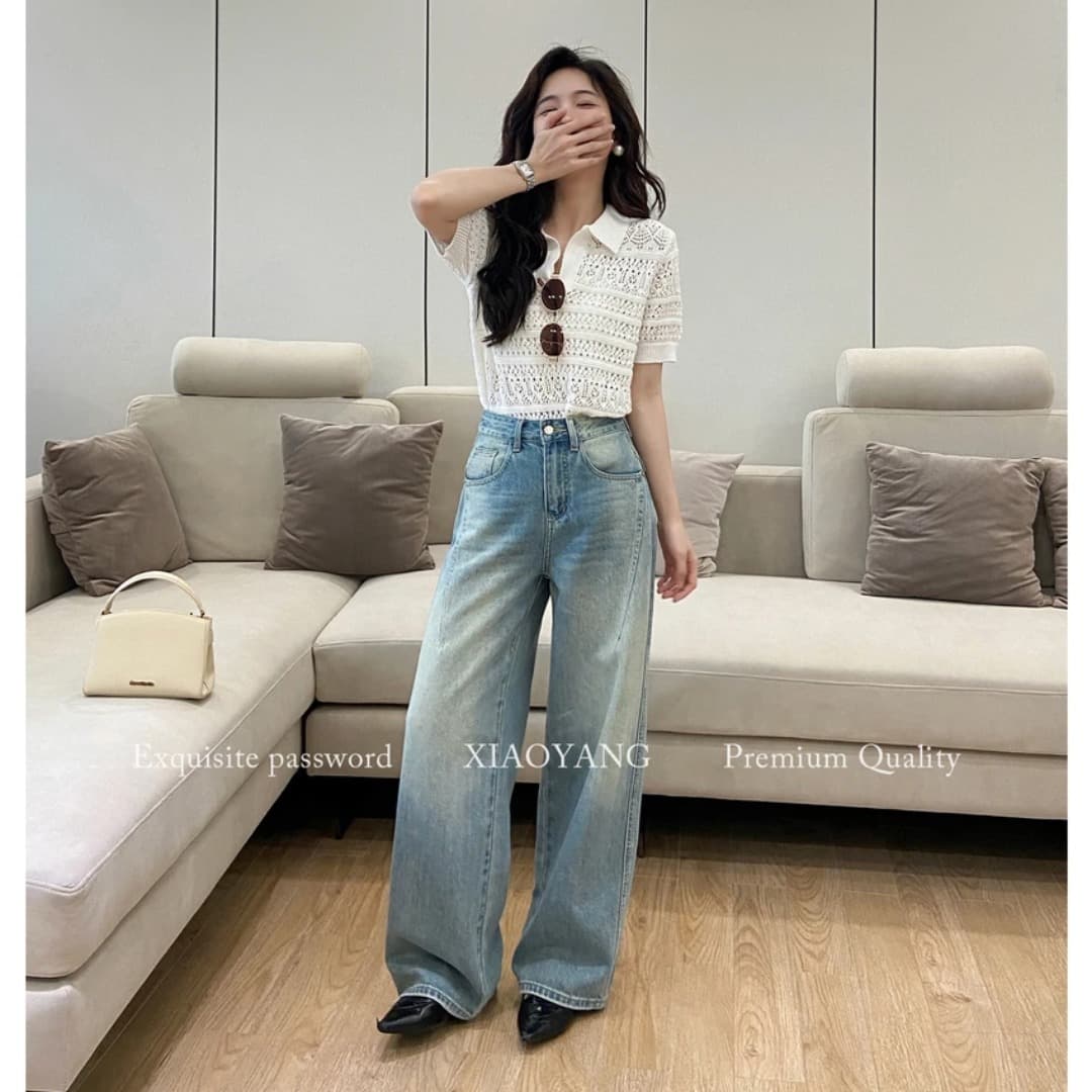 바다 소금 남자 가방 여름 밝은색 모통이 칼 청바지 여자 중 하이웨이스트 작은 키 와이드 레그 팬츠 어린이 슬림해 보이는 다용도 이미지 3