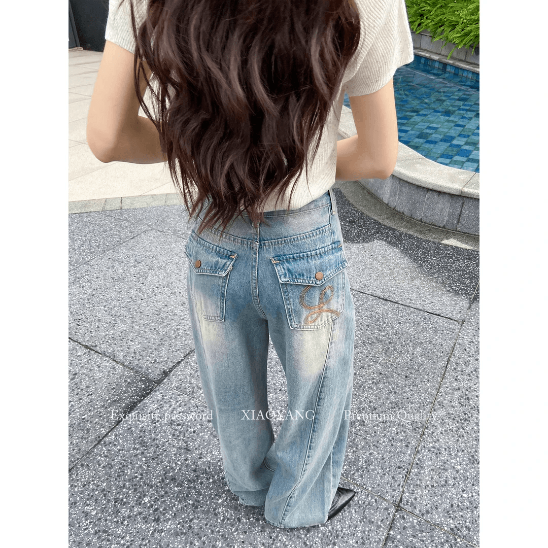 여름 작은 키 모통이 칼 넓은 다리 청바지 여자 자수 주머니 중 하이웨이스트 슬림해 보이는 디자인 센스 2026 새로운 이미지 5