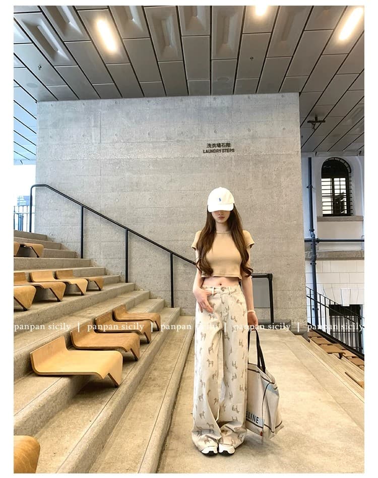 작은 키 레트로 느긋한 2026 봄 여름 말의 해 제한적 스트레이트 작은 말 프린트 루즈핏 스트레이트 청바지 여성 상세 이미지 9