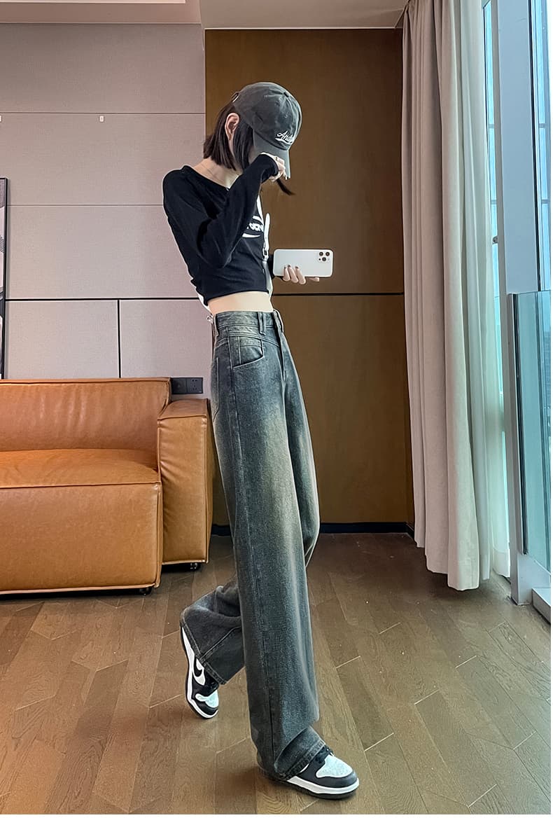 작은 키 레트로 별이 빛나는 하늘 곡물 청바지 여성 여름 하이웨이스트 좁은 에디션 엠보싱 스트레이트 와이드 레그 팬츠 150cm 디스플레이 높음 상세 이미지 14