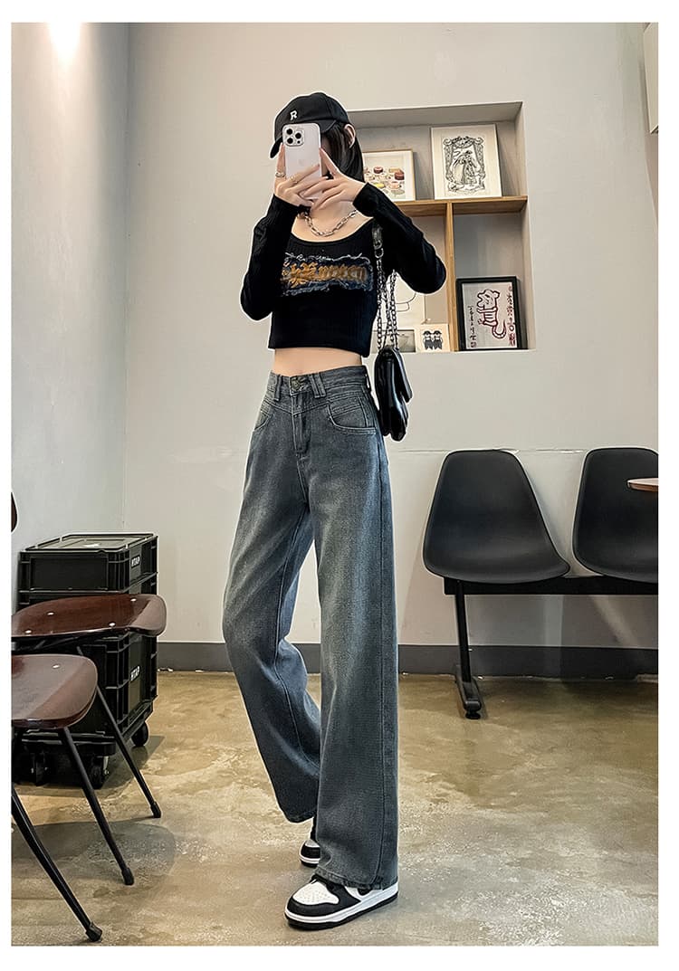 150 작은 키 레트로 별이 빛나는 하늘 곡물 청바지 여성 여름 새로운 하이웨이스트 145 디스플레이 높음 좁은 에디션 스트레이트 와이드 레그 팬츠 상세 이미지 11