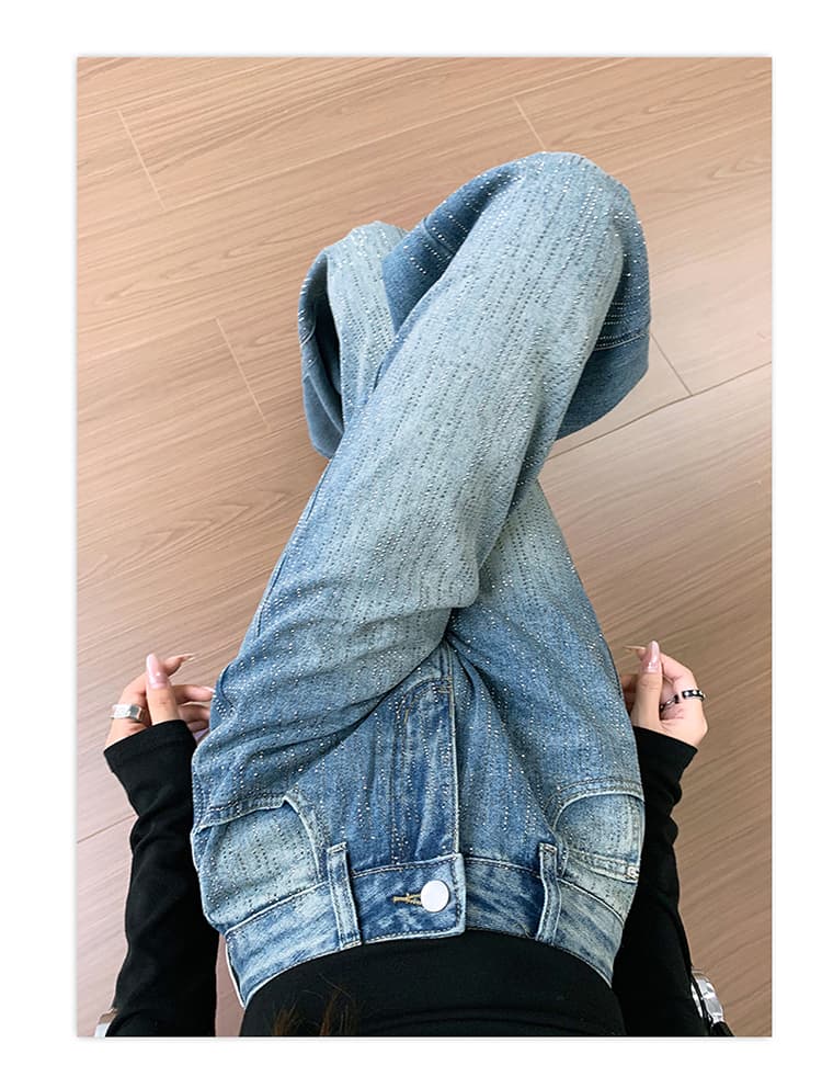 작은 키 레트로 블루 유성우 무거운 작업 핫픽스 넓은 다리 청바지 여성 2026 년 여름 하이웨이스트 슬림해 보이는 긴 바지 상세 이미지 18