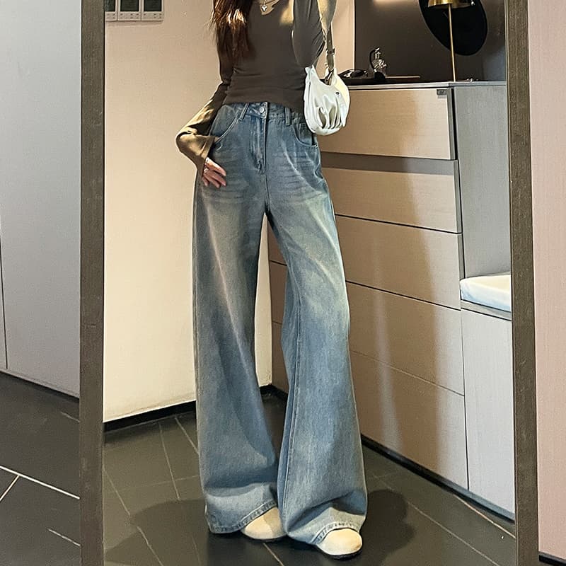 하늘색 느긋한 스트레이트 바지 여자 작은 키 2026 봄 여름 새로운 슬림해 보이는 넓은 다리 느슨함 센스 청바지 이미지 4