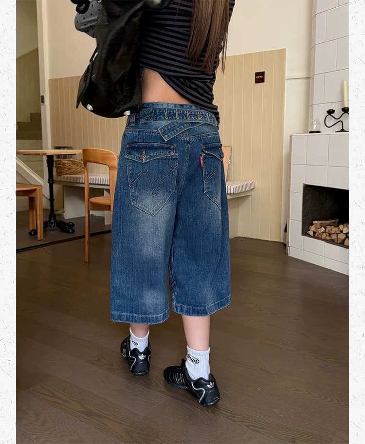 추안 추안 또한 대나무 마디 파리 버클 7부 바지 청바지 남녀 여름 새로운 워싱 마 오래된 디자인 센스 무릎 아래 바지 상세 이미지 4