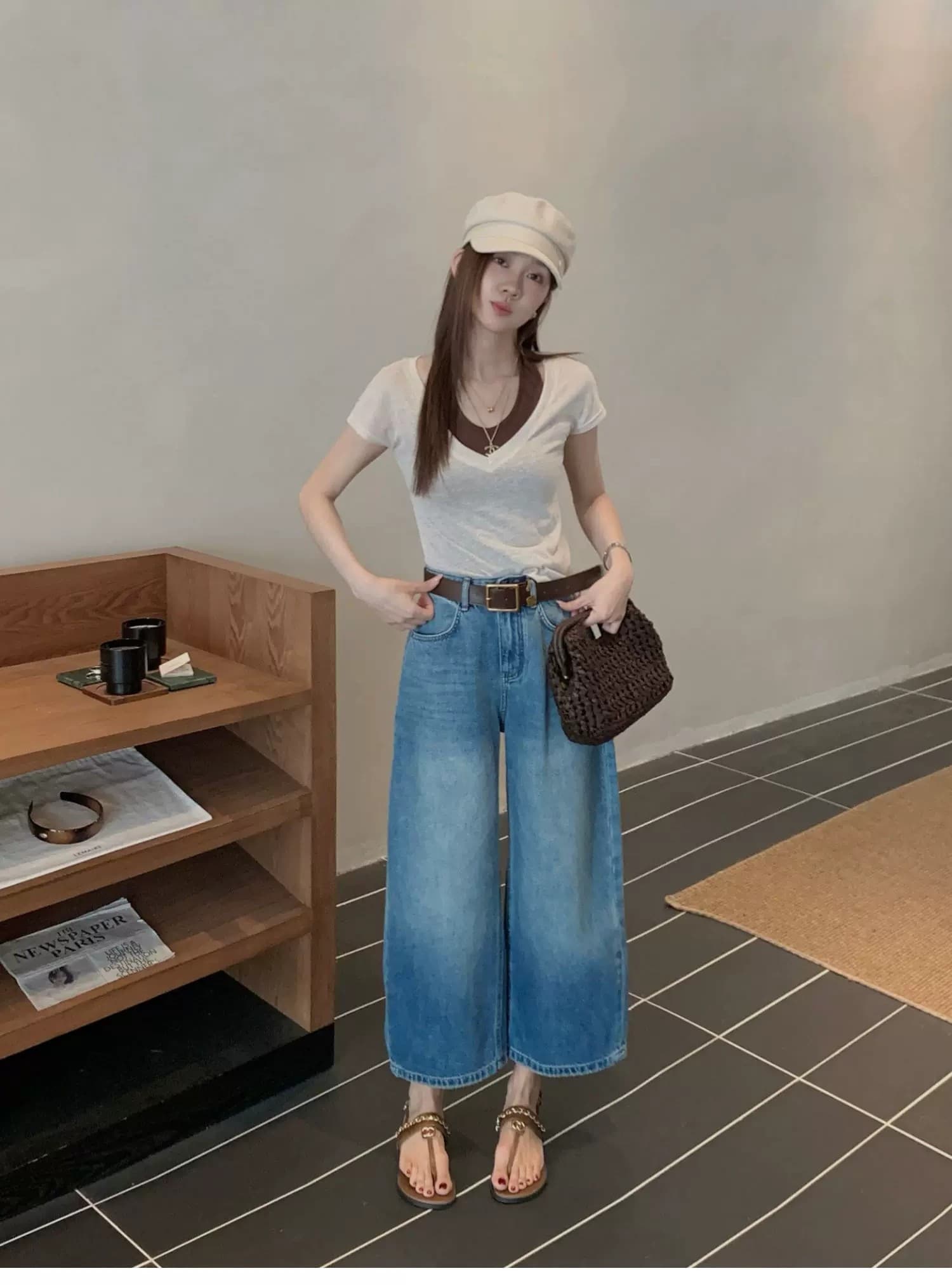 2026 봄 여름 새로운 유럽 상품 이후 주머니 자수 8 점 모통이 칼 청바지 여성 다용도 레트로 슬림해 보이는 낫 바지 상세 이미지 6