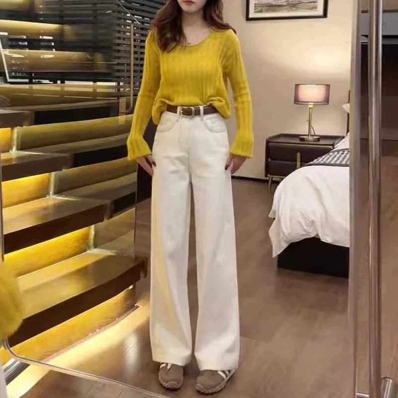 작은 키 베이지 색 청바지 여성 2026 새로운 봄 가을 하이웨이스트 스트레이트 와이드 레그 팬츠 150cm 좁은 에디션 바지 이미지 5