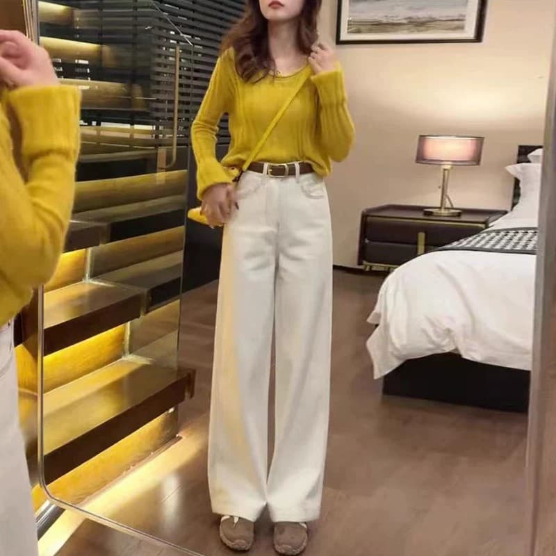작은 키 베이지 색 청바지 여성 2026 새로운 봄 가을 하이웨이스트 스트레이트 와이드 레그 팬츠 150cm 좁은 에디션 바지 이미지 6