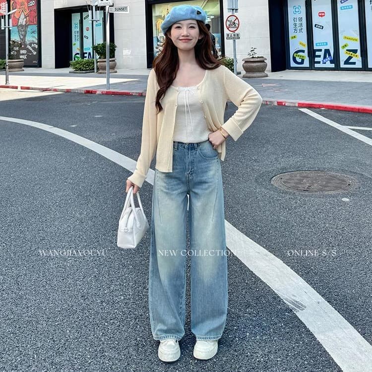 왕가 있음 물고기 다야오 작은 야오 작은 키 레트로 블루 작은 모통이 칼 와이드 레깅스 바지 26 봄 여름 슬림해 보이는 청바지 이미지 4