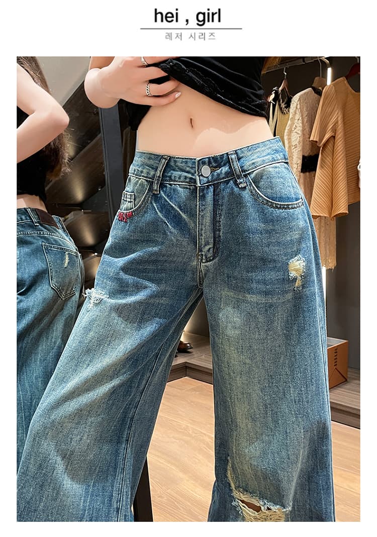 작은 키 핫걸 로우 웨이스트 넓은 다리 청바지 여성 2026 여름 새로운 루즈핏 슬림해 보이는 찢어진 부분 외국 가스 바닥 청소 바지 상세 이미지 17