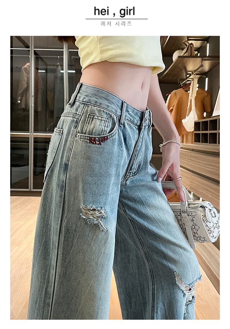 작은 키 핫걸 로우 웨이스트 넓은 다리 청바지 여성 2026 여름 새로운 루즈핏 슬림해 보이는 찢어진 부분 외국 가스 바닥 청소 바지 상세 이미지 22