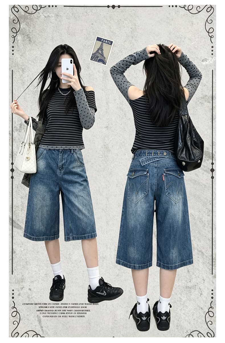 아메리칸 워싱 대나무 마디 곡물 파리 버클 데님 7부 바지 2026 여름 무거운 루즈핏 반바지 디자인 센스 바지 상세 이미지 2
