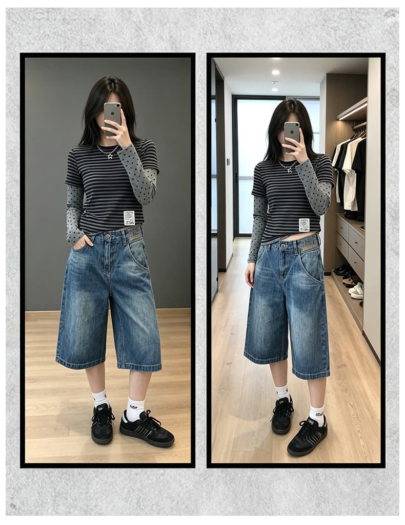 아메리칸 워싱 대나무 마디 곡물 파리 버클 데님 7부 바지 2026 여름 무거운 루즈핏 반바지 디자인 센스 바지 상세 이미지 3