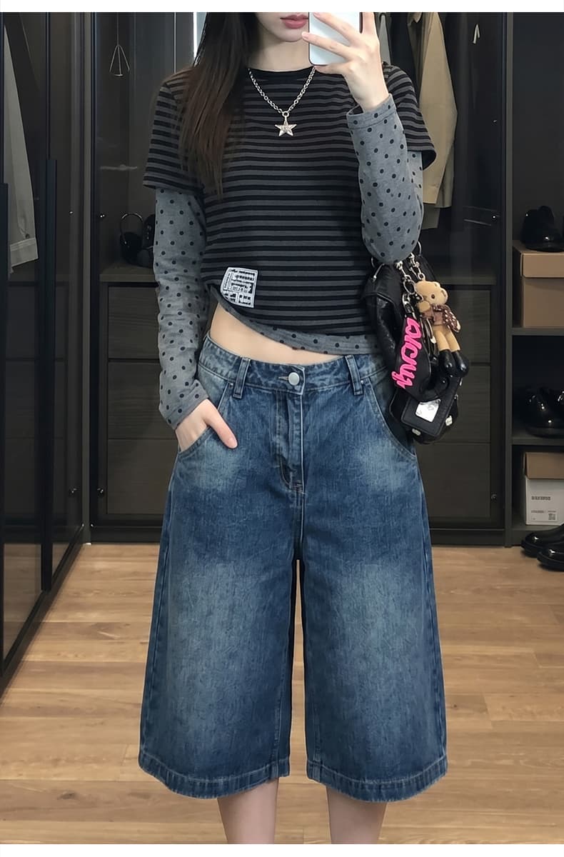 아메리칸 워싱 대나무 마디 곡물 파리 버클 데님 7부 바지 2026 여름 무거운 루즈핏 반바지 디자인 센스 바지 상세 이미지 6