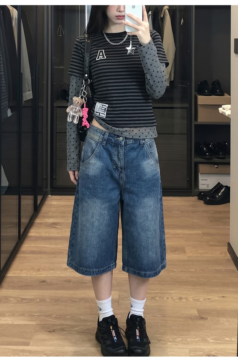 아메리칸 워싱 대나무 마디 곡물 파리 버클 데님 7부 바지 2026 여름 무거운 루즈핏 반바지 디자인 센스 바지 상세 이미지 7