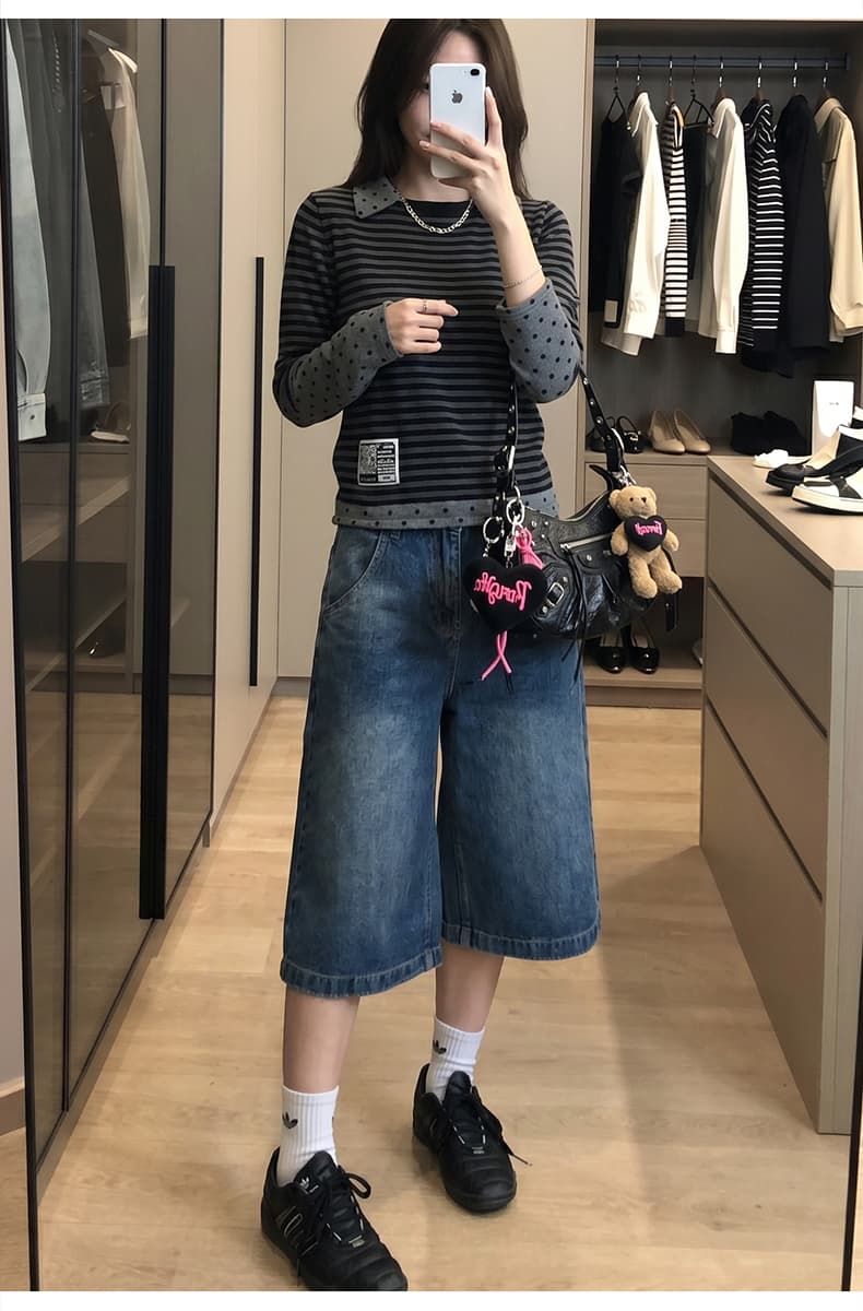 아메리칸 워싱 대나무 마디 곡물 파리 버클 데님 7부 바지 2026 여름 무거운 루즈핏 반바지 디자인 센스 바지 상세 이미지 9