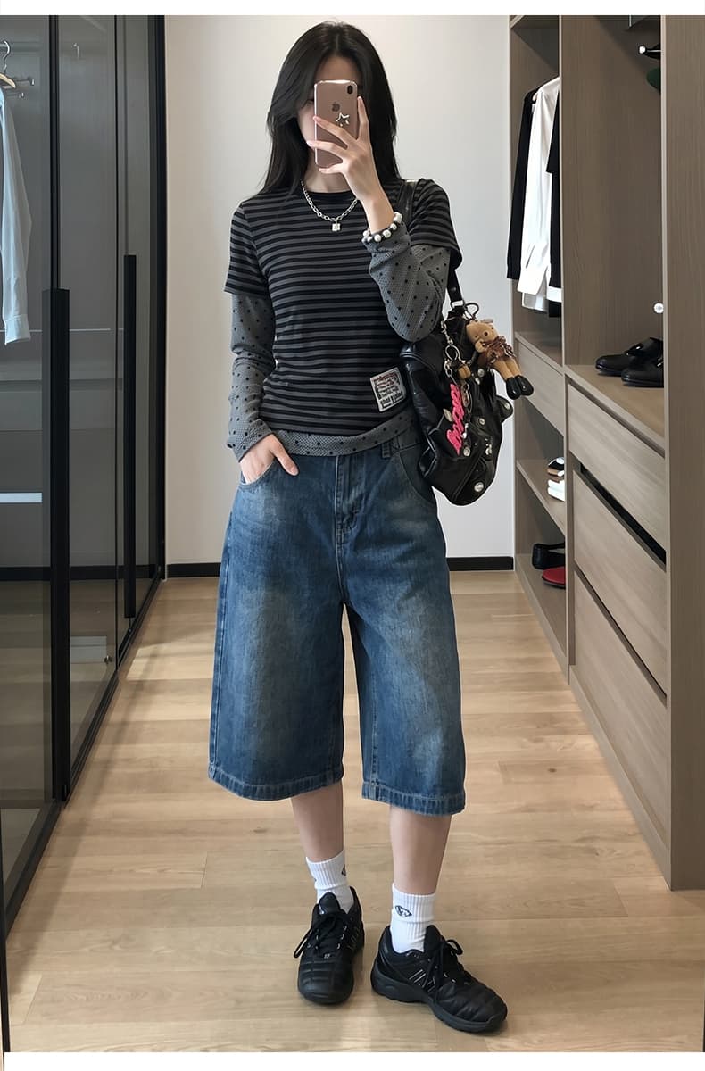 아메리칸 워싱 대나무 마디 곡물 파리 버클 데님 7부 바지 2026 여름 무거운 루즈핏 반바지 디자인 센스 바지 상세 이미지 10