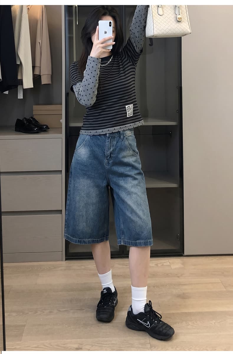 아메리칸 워싱 대나무 마디 곡물 파리 버클 데님 7부 바지 2026 여름 무거운 루즈핏 반바지 디자인 센스 바지 상세 이미지 11
