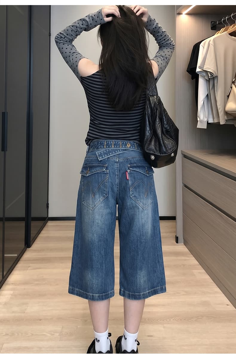 아메리칸 워싱 대나무 마디 곡물 파리 버클 데님 7부 바지 2026 여름 무거운 루즈핏 반바지 디자인 센스 바지 상세 이미지 12