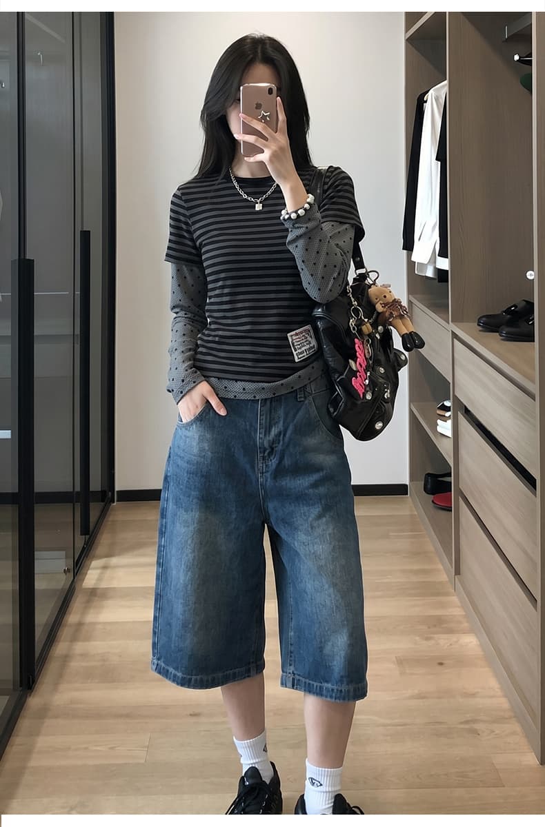 아메리칸 워싱 대나무 마디 곡물 파리 버클 데님 7부 바지 2026 여름 무거운 루즈핏 반바지 디자인 센스 바지 상세 이미지 15