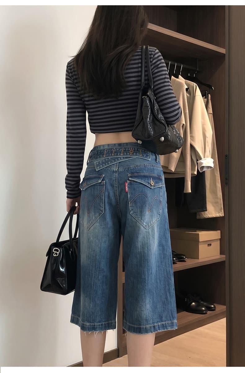 아메리칸 워싱 대나무 마디 곡물 파리 버클 데님 7부 바지 2026 여름 무거운 루즈핏 반바지 디자인 센스 바지 상세 이미지 16