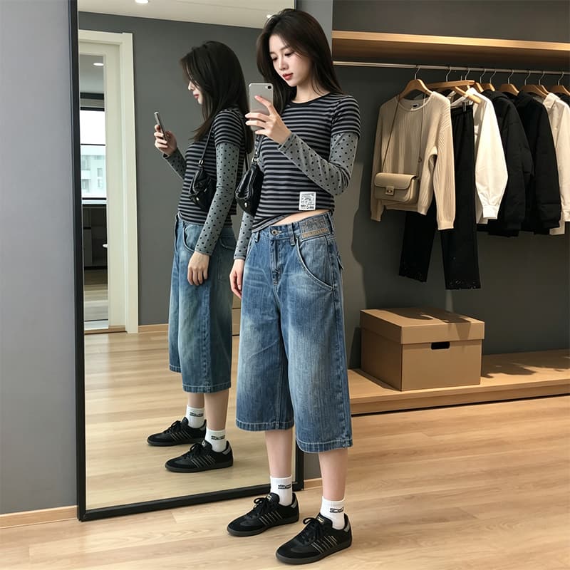 아메리칸 워싱 대나무 마디 곡물 파리 버클 데님 7부 바지 2026 여름 무거운 루즈핏 반바지 디자인 센스 바지 이미지 2