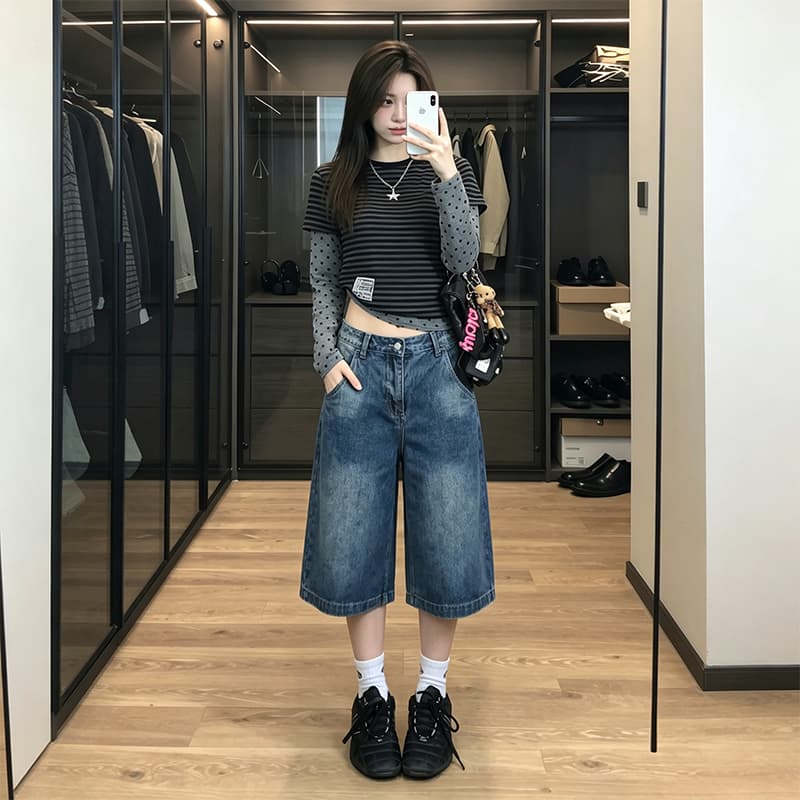 아메리칸 워싱 대나무 마디 곡물 파리 버클 데님 7부 바지 2026 여름 무거운 루즈핏 반바지 디자인 센스 바지 이미지 4