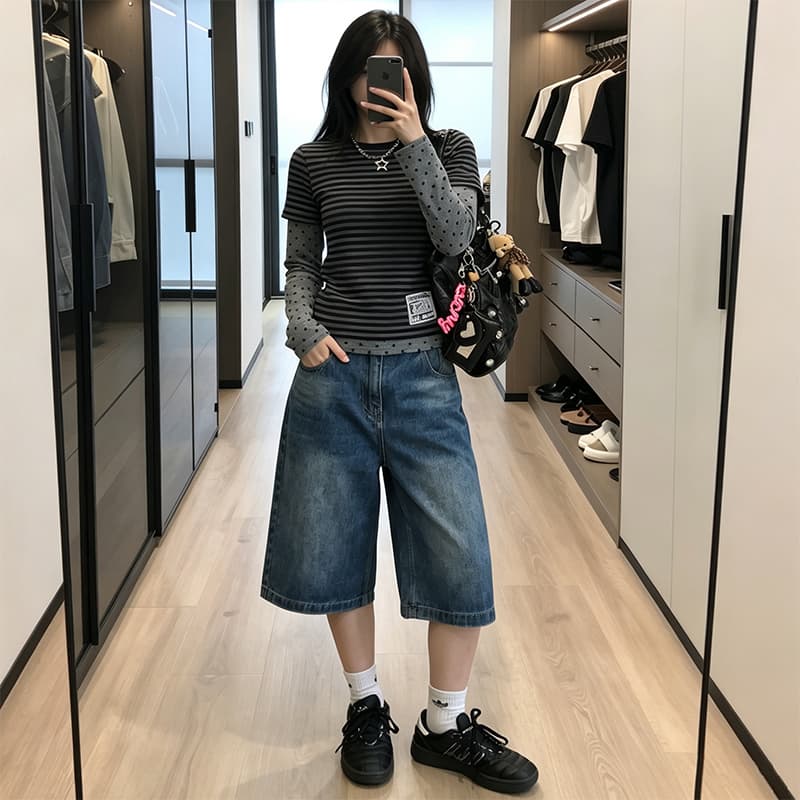 아메리칸 워싱 대나무 마디 곡물 파리 버클 데님 7부 바지 2026 여름 무거운 루즈핏 반바지 디자인 센스 바지 이미지 5