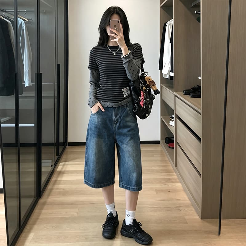 아메리칸 워싱 대나무 마디 곡물 파리 버클 데님 7부 바지 2026 여름 무거운 루즈핏 반바지 디자인 센스 바지 이미지 6