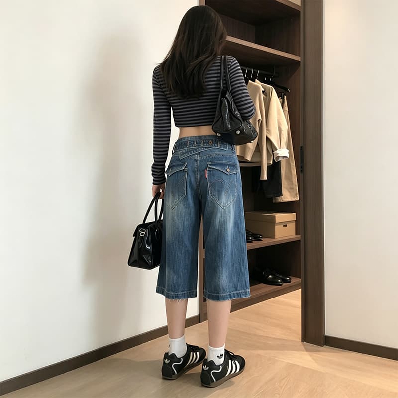 아메리칸 워싱 대나무 마디 곡물 파리 버클 데님 7부 바지 2026 여름 무거운 루즈핏 반바지 디자인 센스 바지 이미지 3
