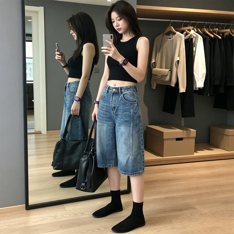 2026 여름 새로운 작은 키 아메리칸 레트로 하이웨이스트 데님 반바지 여성 루즈핏 슬림해 보이는 넓은 다리 오부 바지 이미지 3