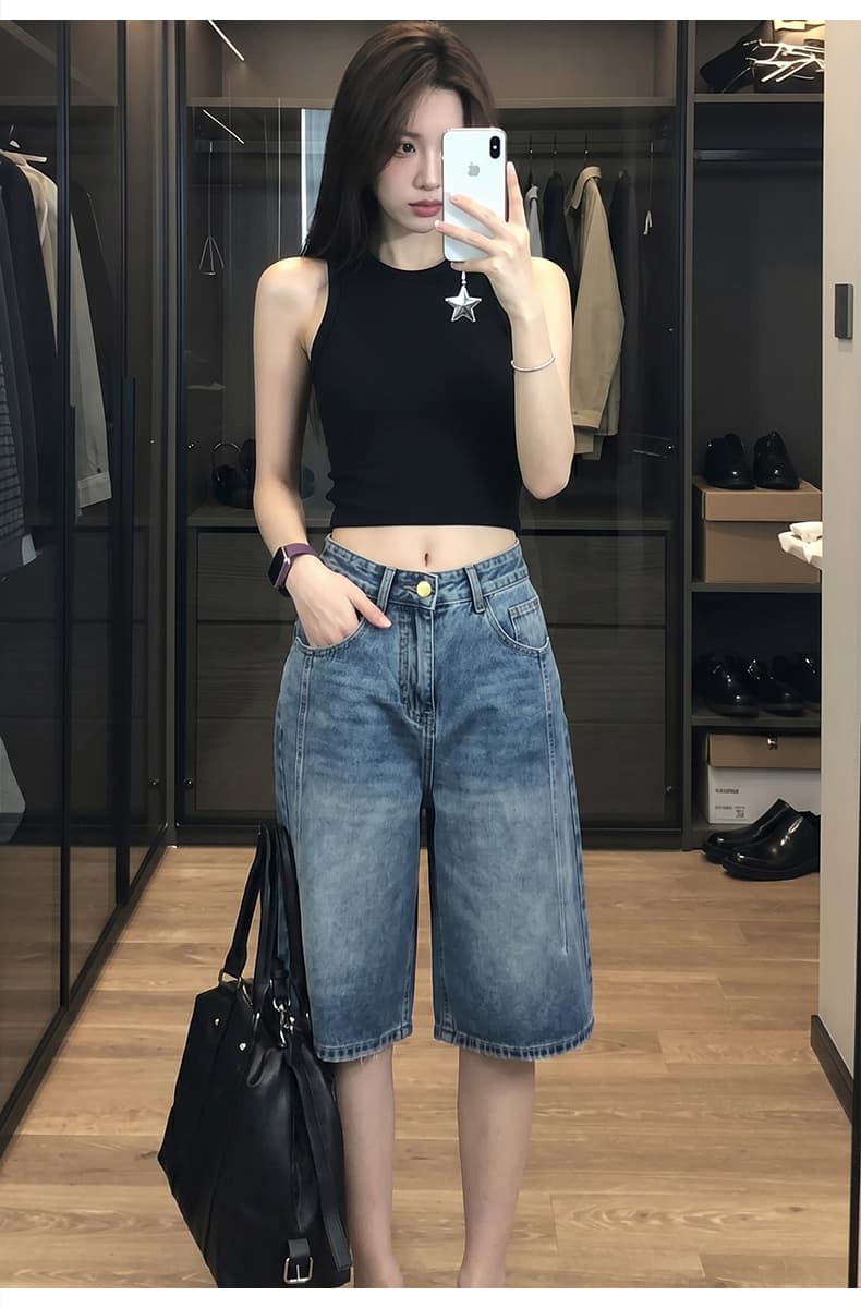 2026 여름 새로운 작은 키 아메리칸 레트로 하이웨이스트 데님 반바지 여성 루즈핏 슬림해 보이는 넓은 다리 오부 바지 상세 이미지 6