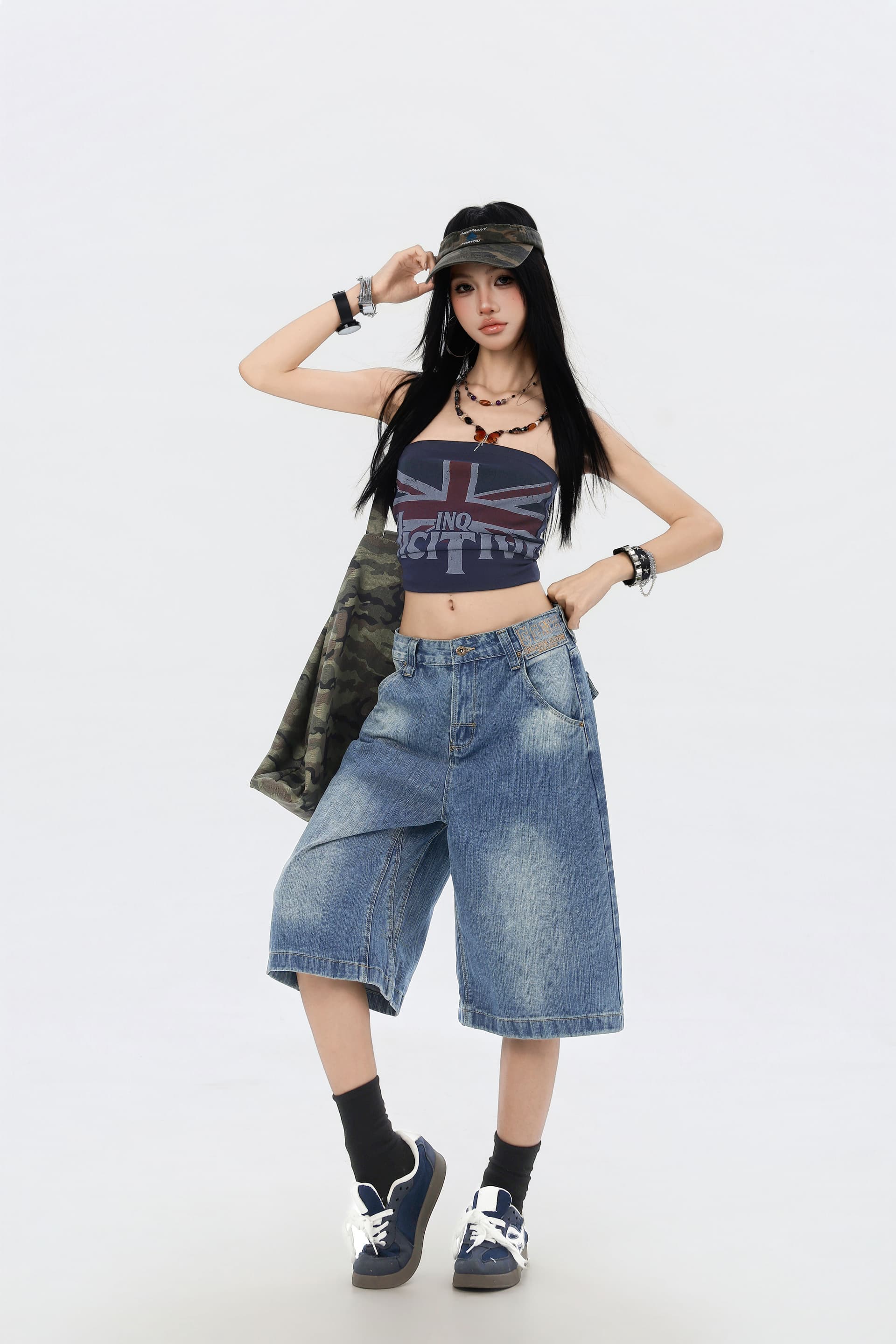 아메리칸 워싱 대나무 마디 곡물 파리 버클 데님 7부 바지 2026 여름 무거운 루즈핏 반바지 디자인 센스 바지 이미지 4