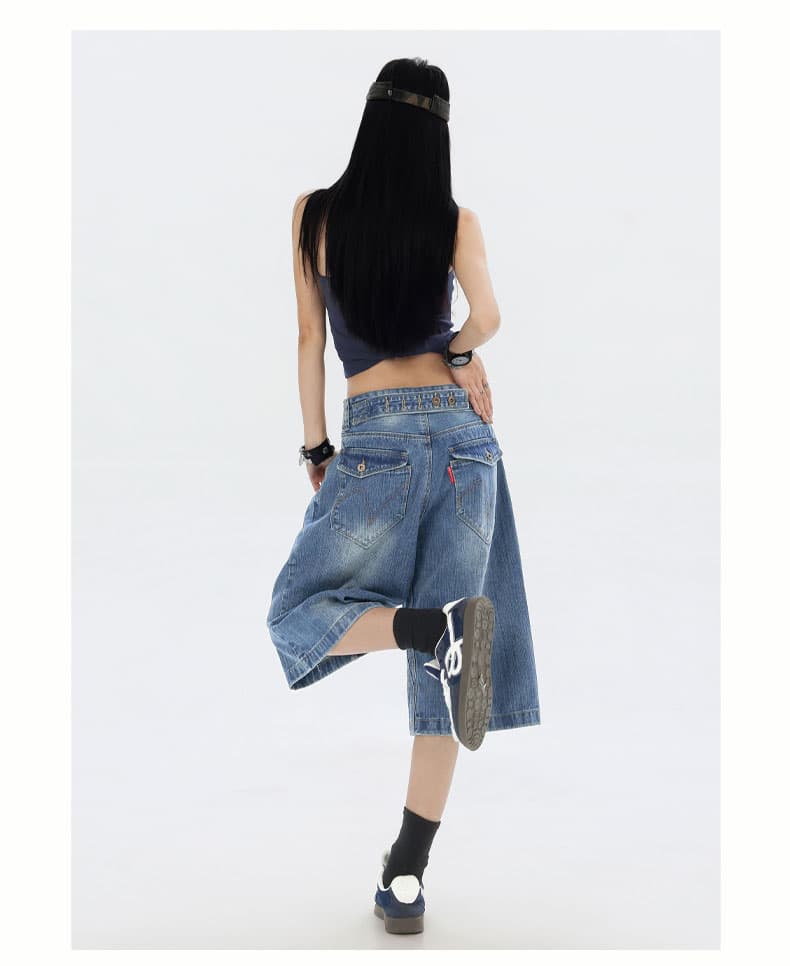 아메리칸 워싱 대나무 마디 곡물 파리 버클 데님 7부 바지 2026 여름 무거운 루즈핏 반바지 디자인 센스 바지 상세 이미지 14