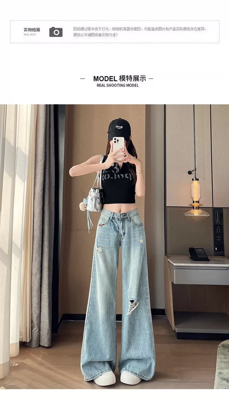 아메리칸 레트로 핫걸 로우 웨이스트 찢어진 부분 넓은 다리 청바지 여성 2026 여름 얇은 스타일 슬림해 보이는 루즈핏 스트레이트 팬츠 상세 이미지 12
