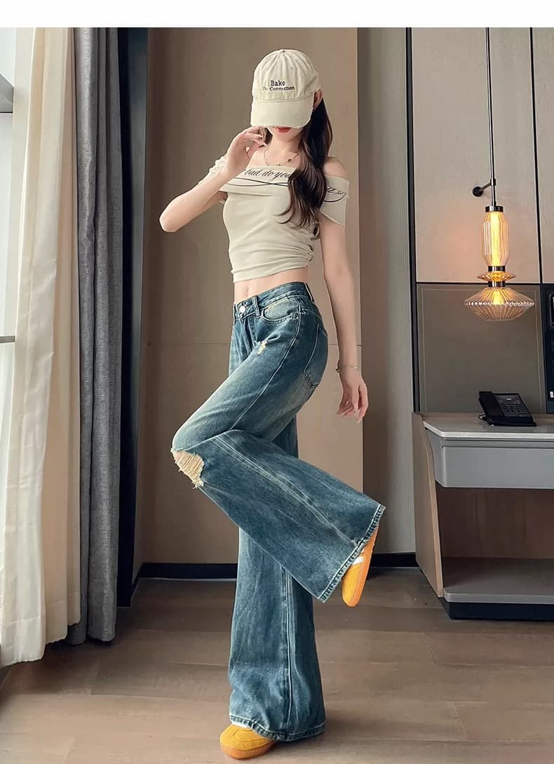 하이웨이스트 찢어진 부분 넓은 다리 청바지 여성 2026 여름 새로운 루즈핏 슬림해 보이는 스트레이트 바닥 청소 핫걸 바람 롱 바지 상세 이미지 22
