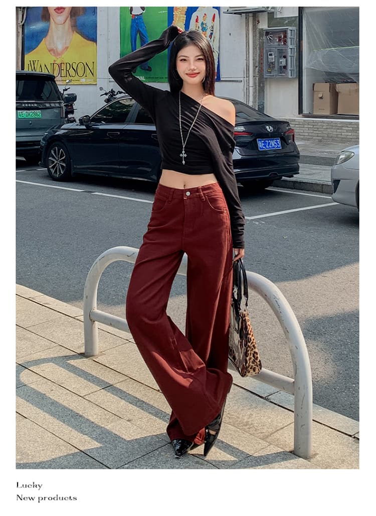 2026 이른 가을 새로운 앤 코라 빨간색 하이웨이스트 넓은 다리 청바지 여성 슬림해 보이는 다용도 레트로 루즈핏 도루 바닥 청소 바지 상세 이미지 8