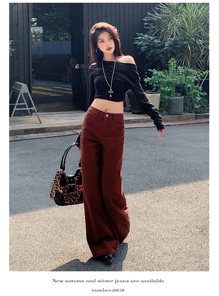2026 이른 가을 새로운 앤 코라 빨간색 하이웨이스트 넓은 다리 청바지 여성 슬림해 보이는 다용도 레트로 루즈핏 도루 바닥 청소 바지 상세 이미지 9