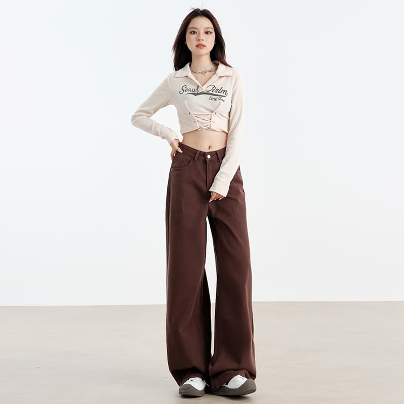 아메리칸 커피 넓은 다리 청바지 여성 2026 가을 새로운 아름다움 라드. 착용 가져 가라. 루즈핏 슬림해 보이는 스트레이트 바닥 청소 바지 이미지 3