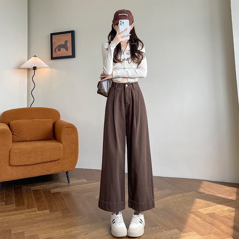 커피 색상 하이웨이스트 스트레이트 청바지 여성 가을 디자인 센스 주름 캐주얼 루즈핏 도루 센스 넓은 다리 바닥 청소 바지 트렌디 이미지 3