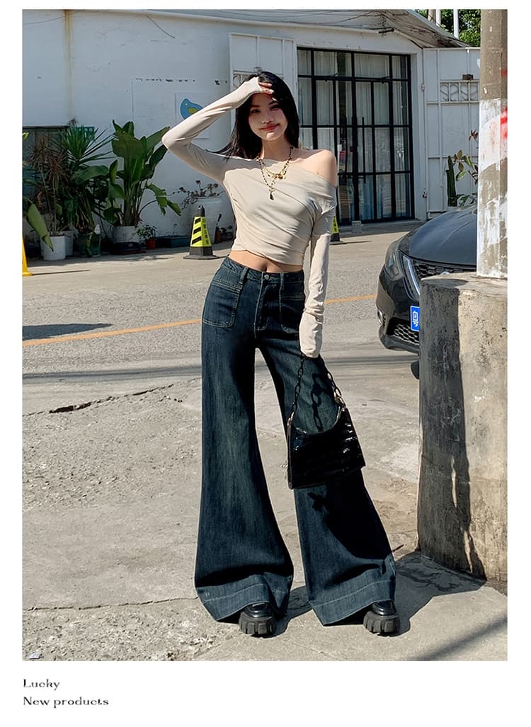 2026 조기 가을 새로운 부드러운 청바지 여성 배 모양 몸 슬림해 보이는 도루 센스 넓은 다리 나팔 바지 신축성 아니요 막대기 다리 상세 이미지 7