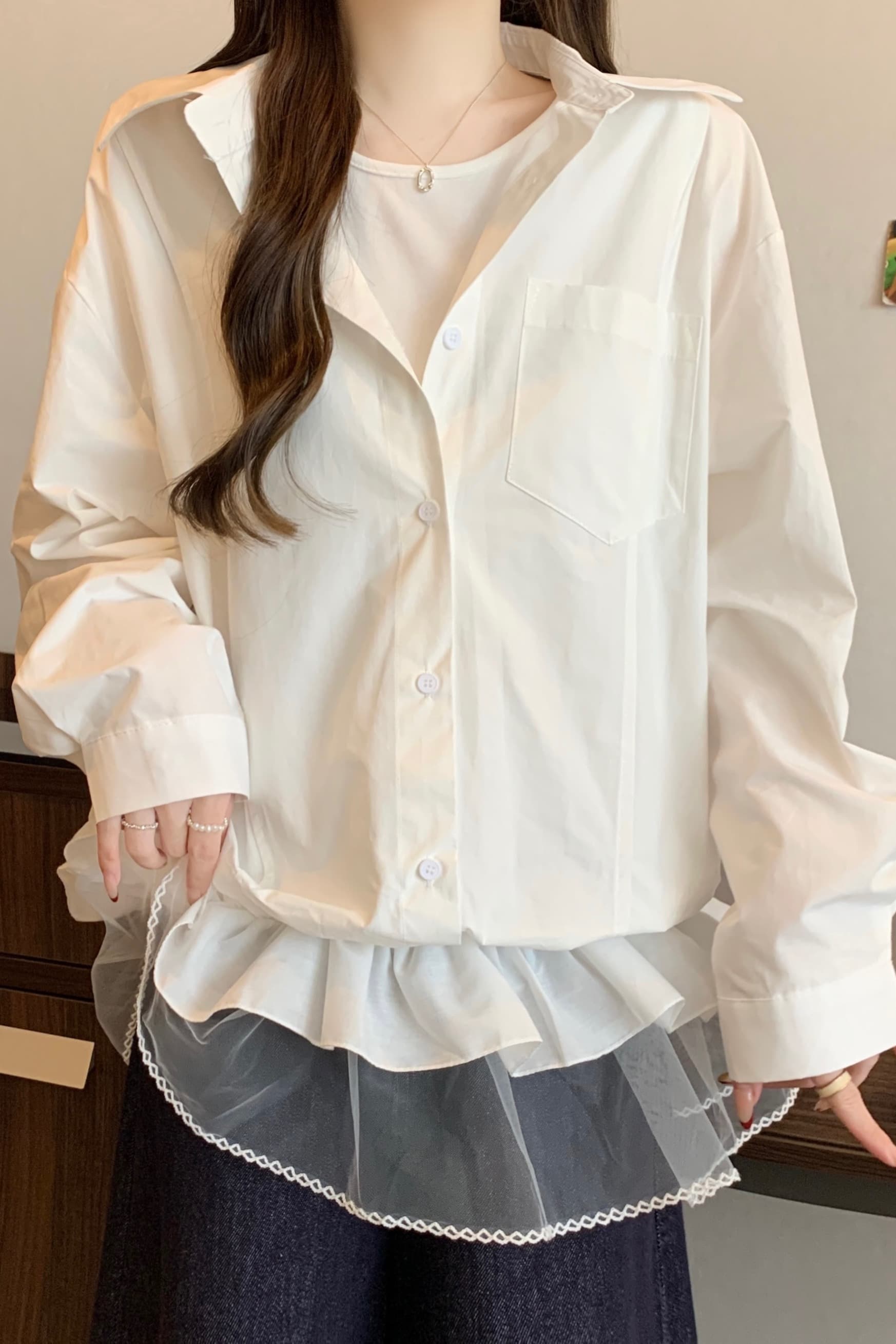 실사 빅 사이즈 여성 의류 이른 봄 새로운 페이크 레이어드 패치워크 실 진자 셔츠 맨위 이미지 7