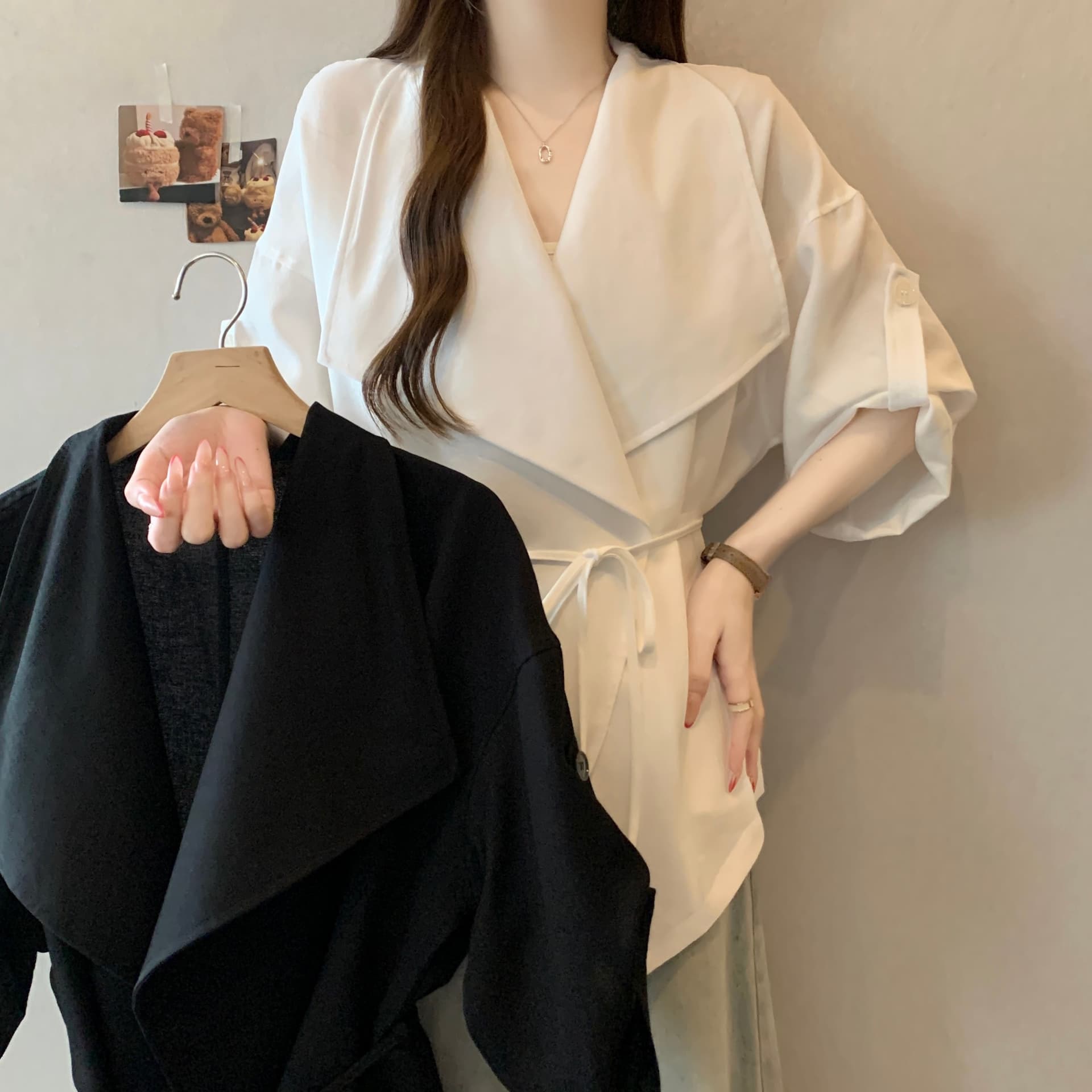 실사 빅 사이즈 여성 의류 2026 여름 새로운 면 린넨 얇고 가벼운 자외선 차단 레이스업 허리 수축 슬림해 보이는 맨위 재킷 이미지 2