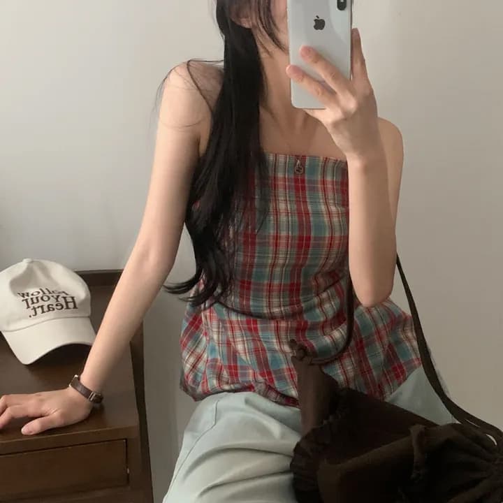 있음 선적 chic 체크무늬 몸매 가꾸기 조끼 슬립 상세 이미지 14
