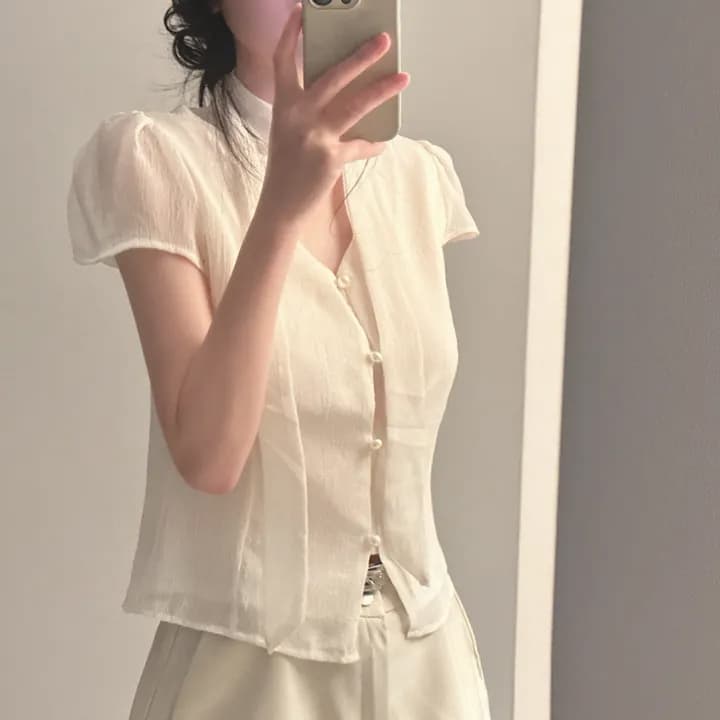 있음 선적 chic 행침 목 레이스업 V넥 패션 셔츠 상세 이미지 6