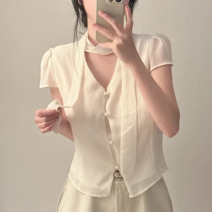 있음 선적 chic 행침 목 레이스업 V넥 패션 셔츠 상세 이미지 9