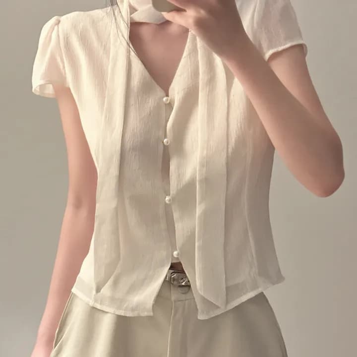 있음 선적 chic 행침 목 레이스업 V넥 패션 셔츠 상세 이미지 10