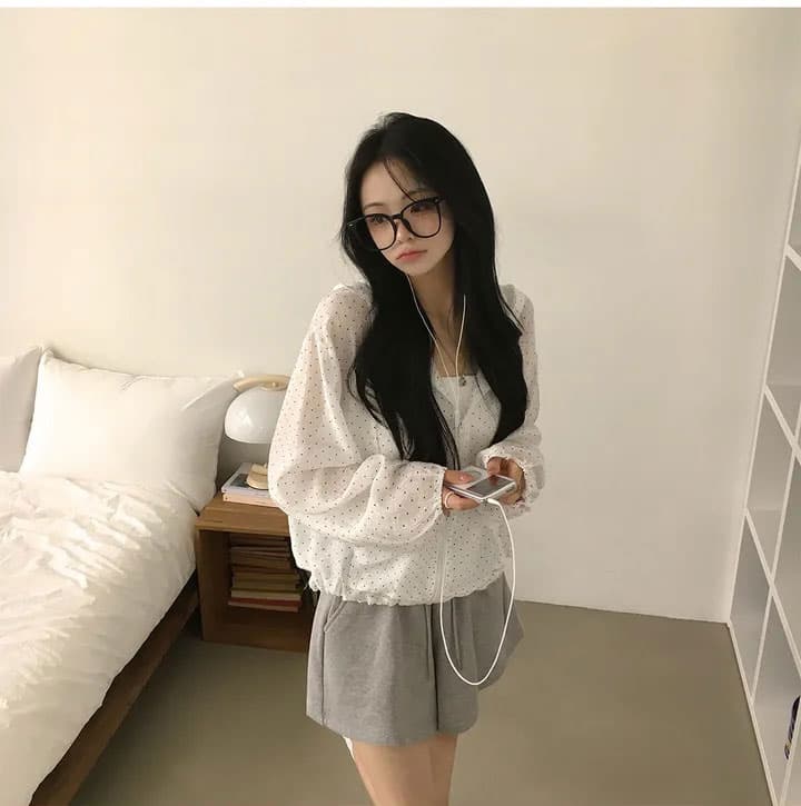 있음 선적 chic 후드 도트 무늬 자외선 차단 여성 루즈핏 캐주얼 맨위 여성 코트 상세 이미지 1