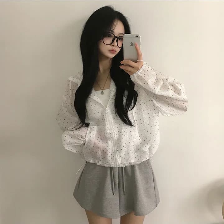 있음 선적 chic 후드 도트 무늬 자외선 차단 여성 루즈핏 캐주얼 맨위 여성 코트 상세 이미지 10
