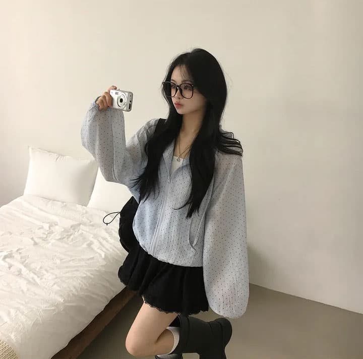 있음 선적 chic 후드 도트 무늬 자외선 차단 여성 루즈핏 캐주얼 맨위 여성 코트 상세 이미지 11