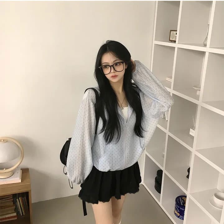있음 선적 chic 후드 도트 무늬 자외선 차단 여성 루즈핏 캐주얼 맨위 여성 코트 상세 이미지 15